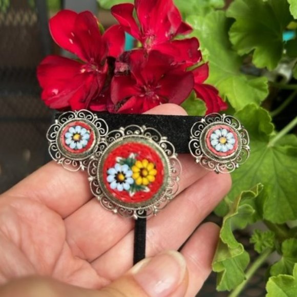 VTG Micro Mosaic Italy RED Glass Bead Flower EARRINGS BROOCH SET - Picture 2 of 8